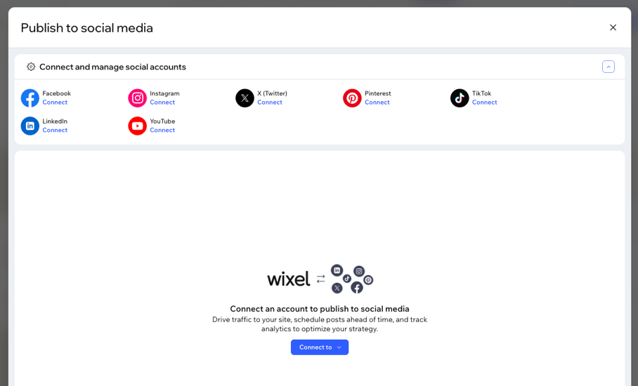 Captura de pantalla que muestra cómo conectar cuentas de redes sociales en Wixel.