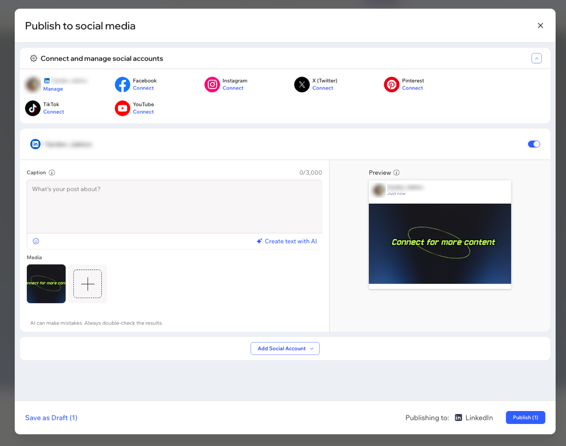 Captura de pantalla de cómo preparar una publicación para las redes sociales en Wixel.