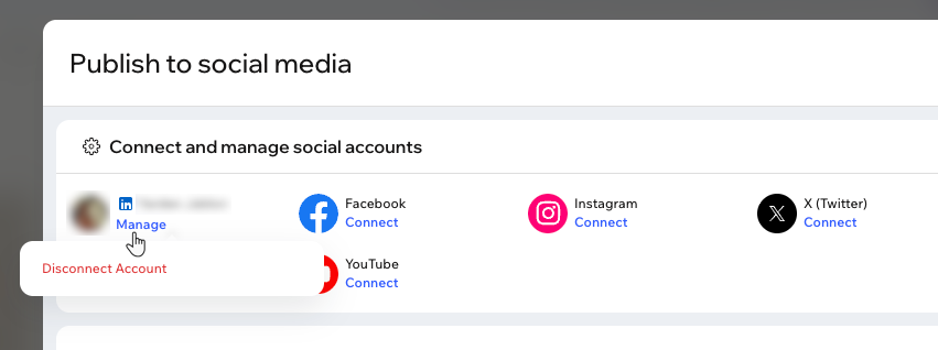 Captura de pantalla que muestra cómo desconectar una cuenta de redes sociales en Wixel.
