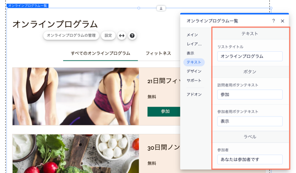 オンラインプログラム一覧の、テキストの設定画面のスクリーンショット。