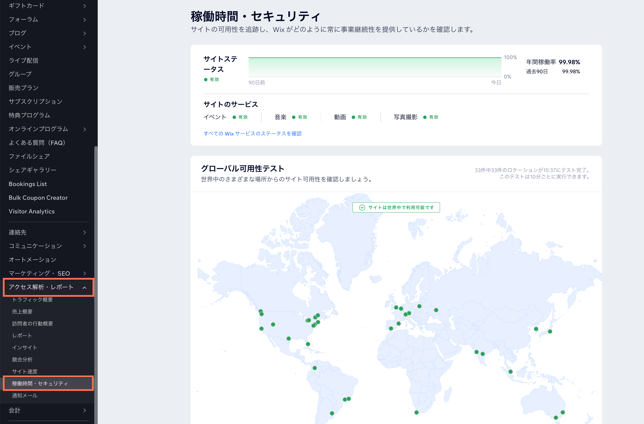 Wix ダッシュボードのスクリーンショット。ナビゲーションバーに「アクセス解析・レポート」オプションが開き、「稼働時間・セキュリティ」がハイライトされています。