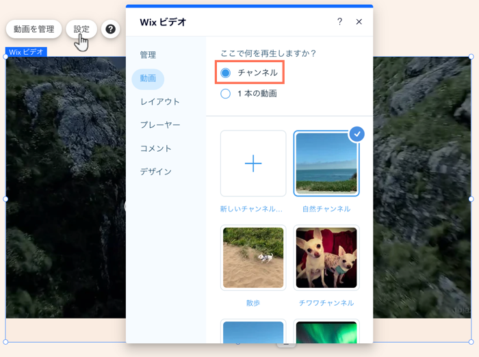 Wix ビデオの「設定」パネルのスクリーンショット。「動画」タブで、サイトに表示するチャンネルを選択する様子が写っています。