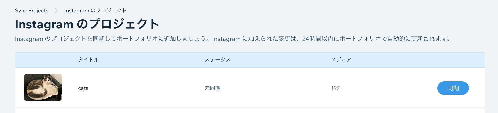 Instagram のプロジェクトを同期させるオプションが表示されたスクリーンショット。