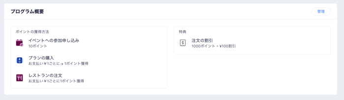 レストランの特典プログラムの概要を示すスクリーンショット。