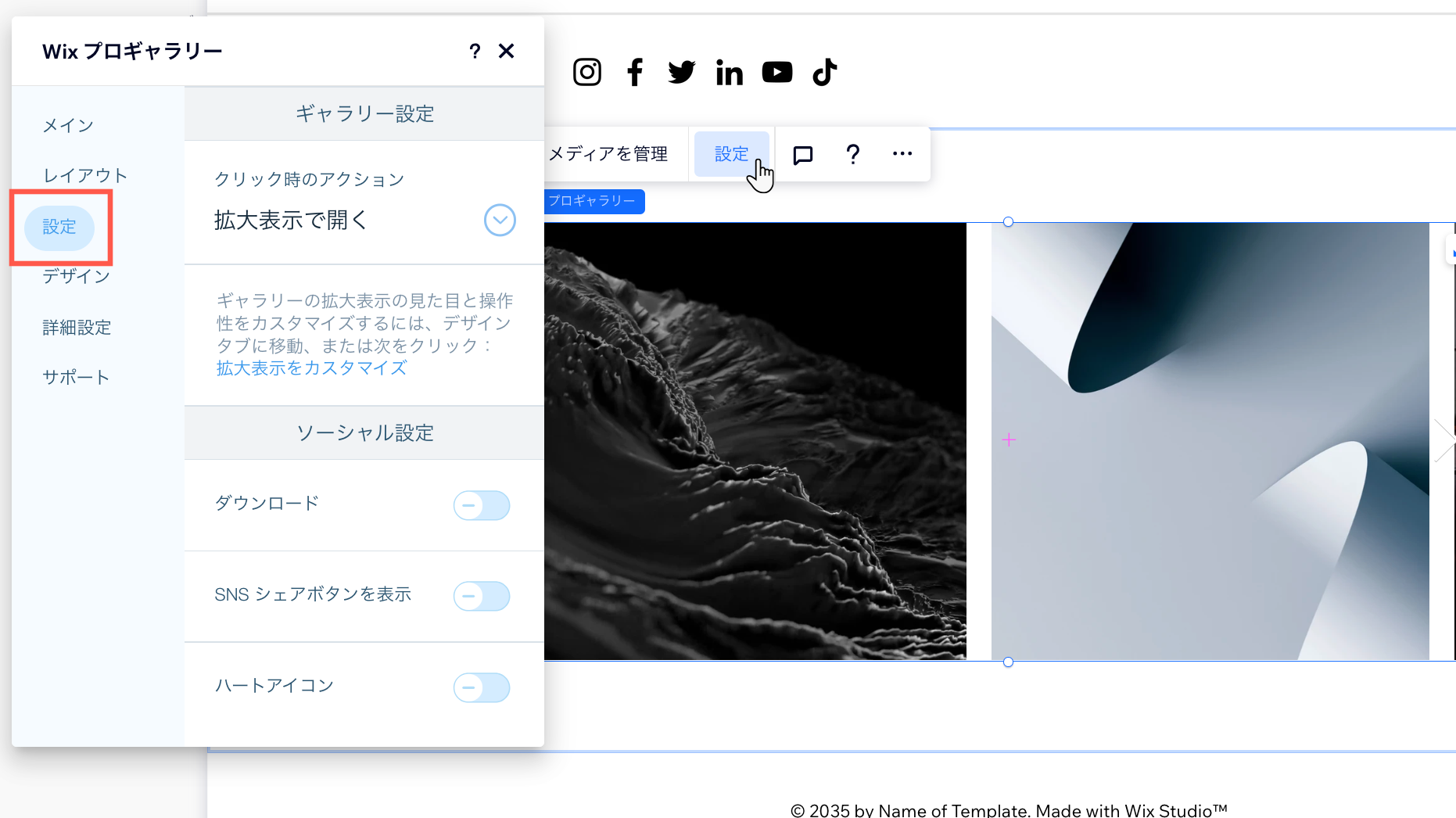 Wix Studio エディタの「プロギャラリー設定」パネルのスクリーンショット。