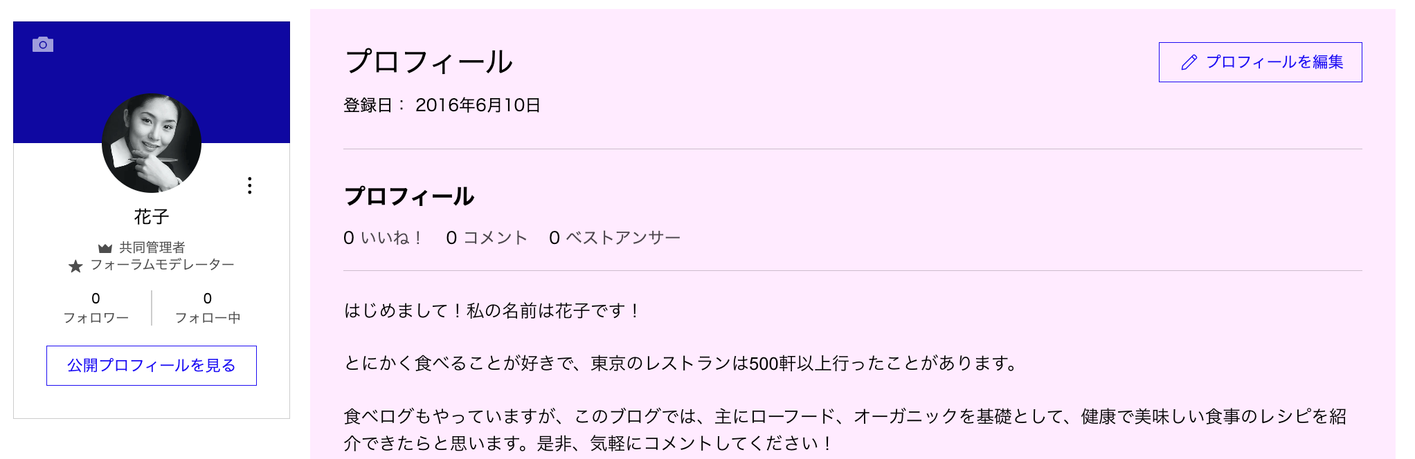 サイト会員のプロフィールのスクリーンショット。他の会員が会員エリアで見ることができます。