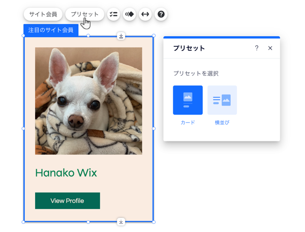 「注目のサイト会員」パーツのプリセットオプションのスクリーンショット。