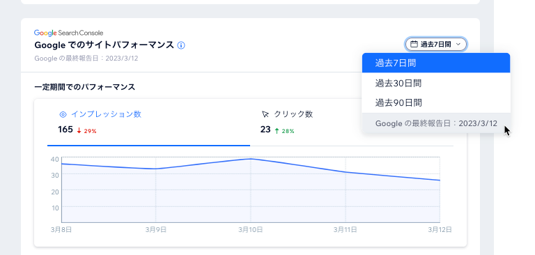 「検索エンジン最適化」セクションで Google でのサイトパフォーマンスをフィルタリングしています