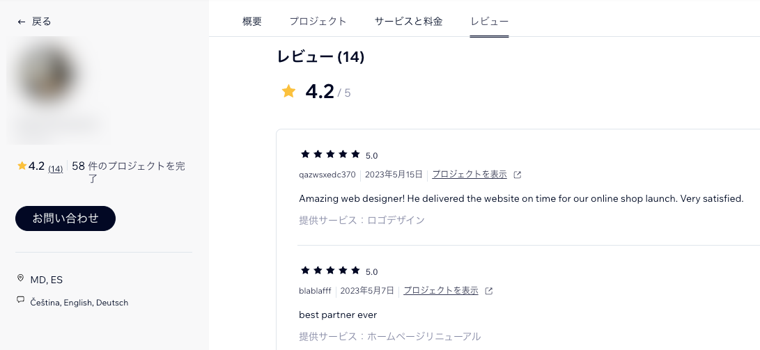 Wix Marketplace プロフィールの「レビュー」タブ。