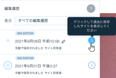 Wix のサイト編集履歴のスクリーンショット。保存されたバージョンにマウスオーバーし、矢印アイコンをクリックして、以前のバージョンを表示させます。