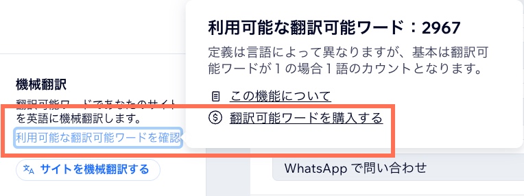 翻訳可能ワードオプションのスクリーンショット。