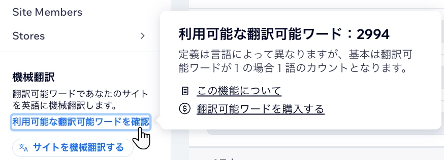 翻訳可能ワードオプションのスクリーンショット。