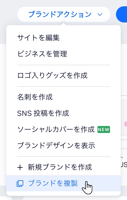 ブランドを複製するオプションをクリックする様子を示したスクリーンショット。