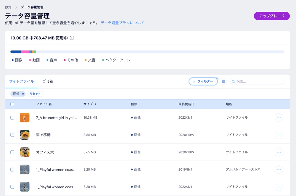 サイトに保存されているファイルの一覧を表示する「データ容量を管理」ページ。