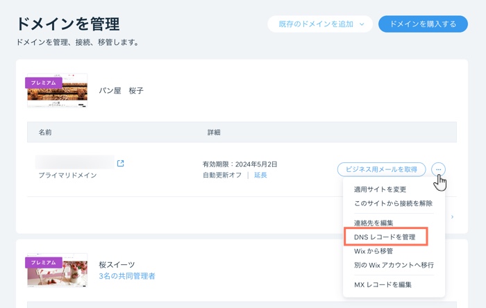 「ドメイン設定」メニューで「DNS レコードを管理」オプションが表示されたスクリーンショット。