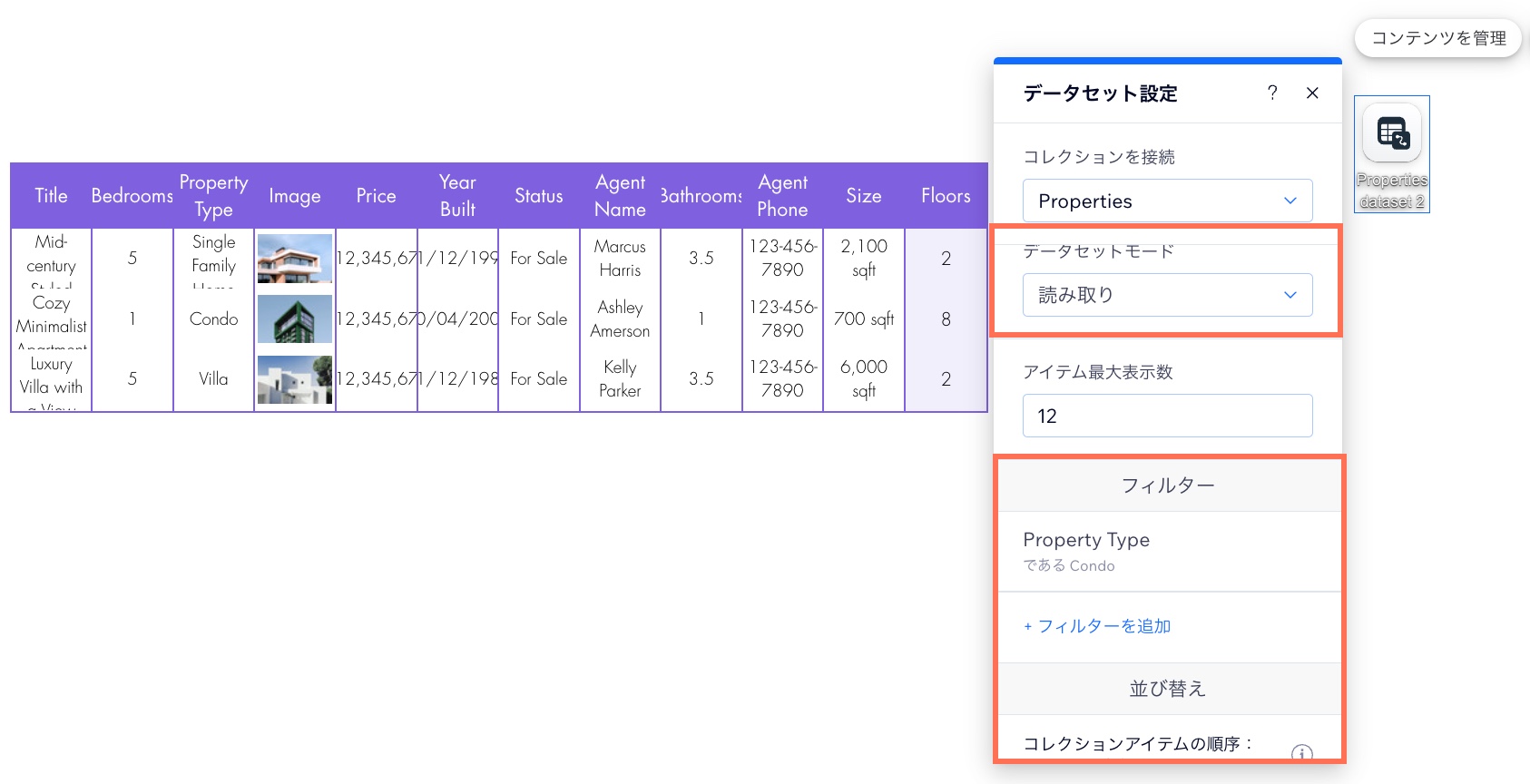 「データセット設定」パネル