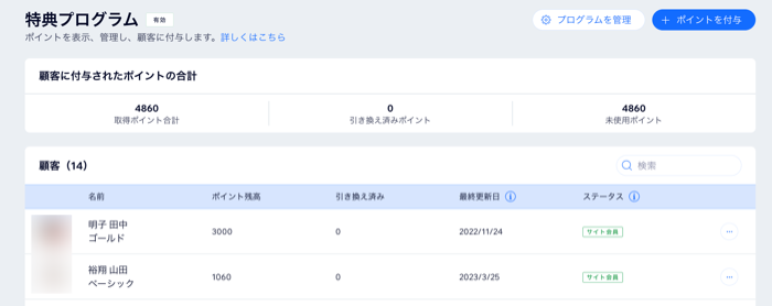 特典プログラム会員リストのスクリーンショット。