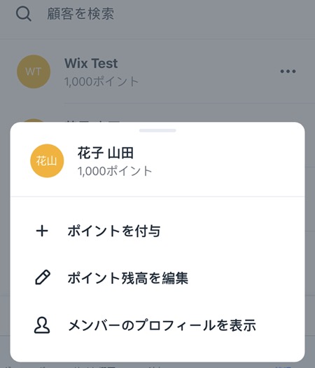 Wix アプリの特典プログラムで、顧客のポイント残高を管理しているスクリーンショット。