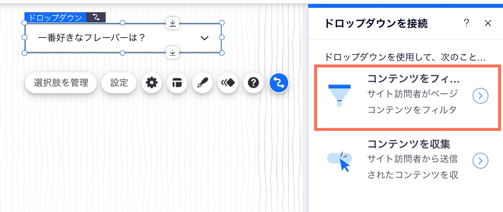 入力要素で「CMS に接続」アイコンをクリックし、「コンテンツをフィルター」のオプションを選択する様子を示したスクリーンショット。