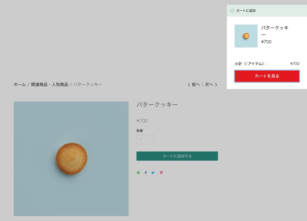 Wix サンプルサイトに表示された完了ポップアップのスクリーンショット。