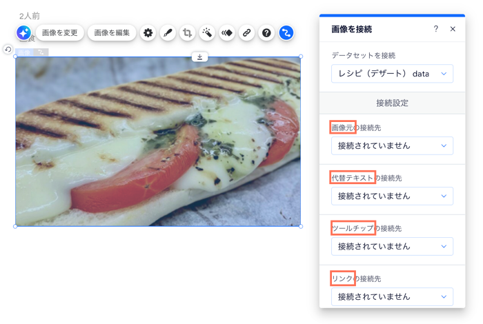 Wix エディタ内の画像の CMS 接続設定のスクリーンショット。