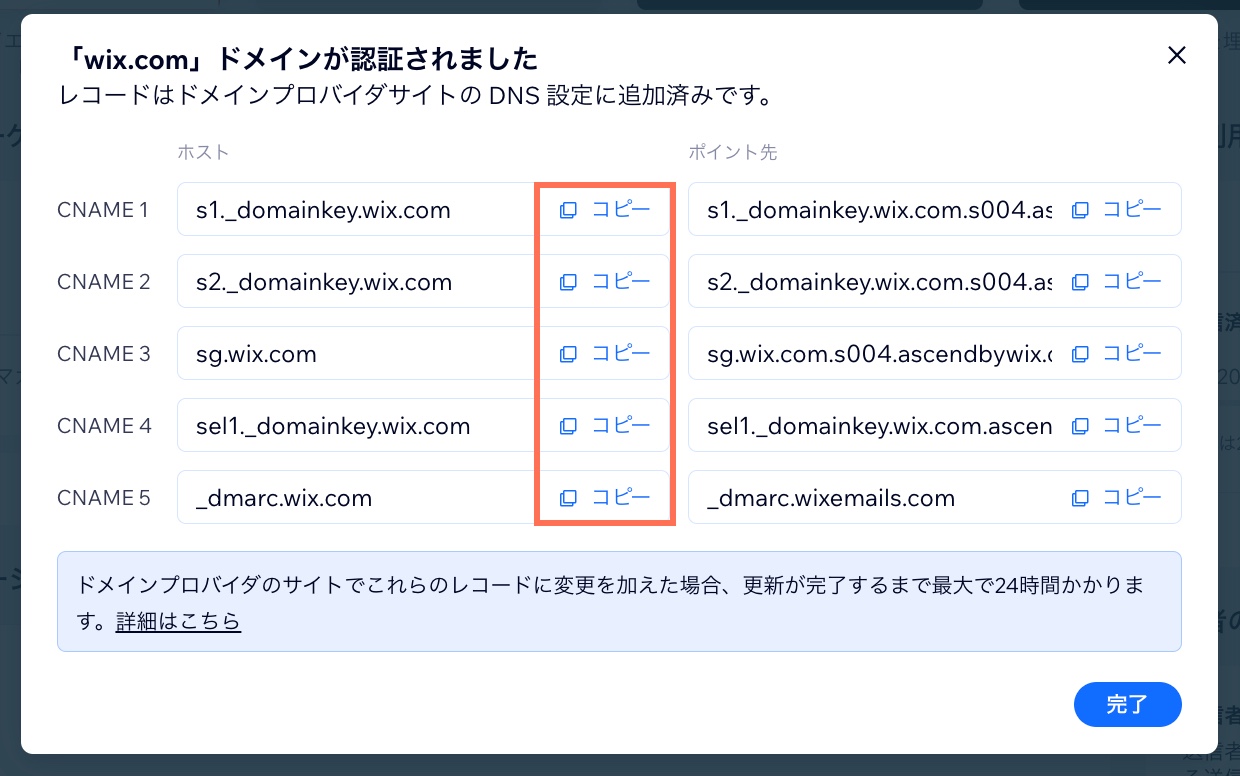 DNS レコードのスクリーンショット。