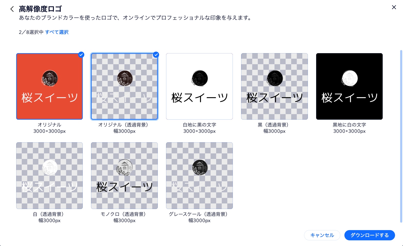 ダウンロード用に複数のファイルタイプが選択されているスクリーンショット。青いチェックマークは選択されていることを示します。