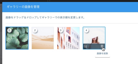 「ギャラリーの画像を管理」パネル。片方の画像で「画像を削除」アイコンがハイライトされています。
