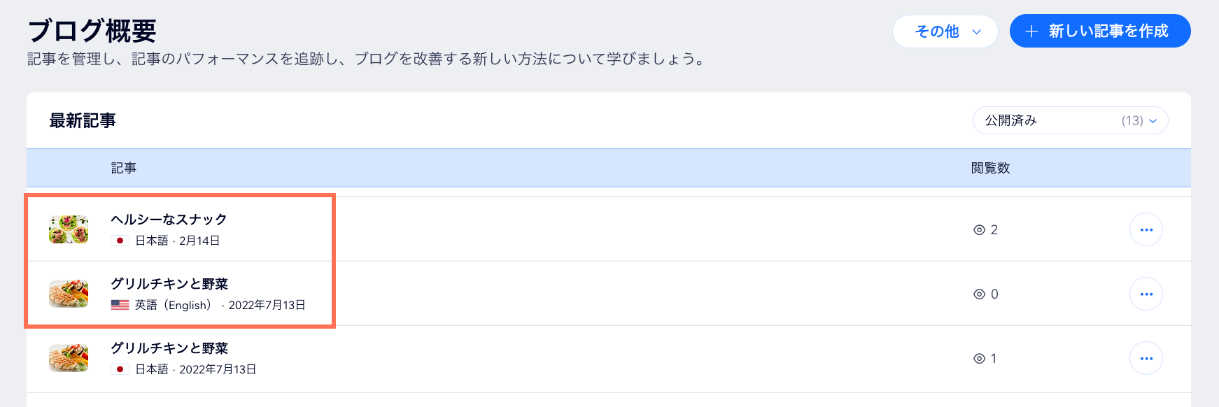 ブログダッシュボードのスクリーンショット