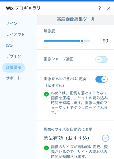 プロギャラリーの画像の詳細設定のスクリーンショット。