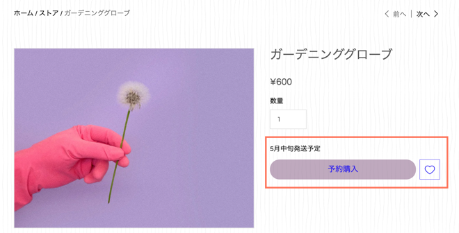 Wix ストアで予約注文が可能なサンプル商品のスクリーンショット