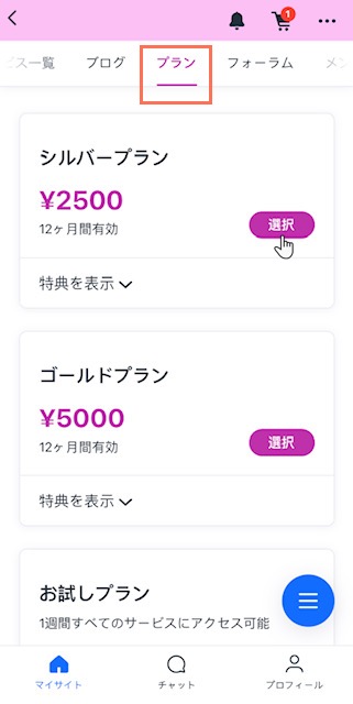 Wix アプリの「プラン・会員制」セクションを示したスクリーンショット。