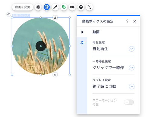 Wix エディタの「動画ボックスの設定」パネルのスクリーンショット