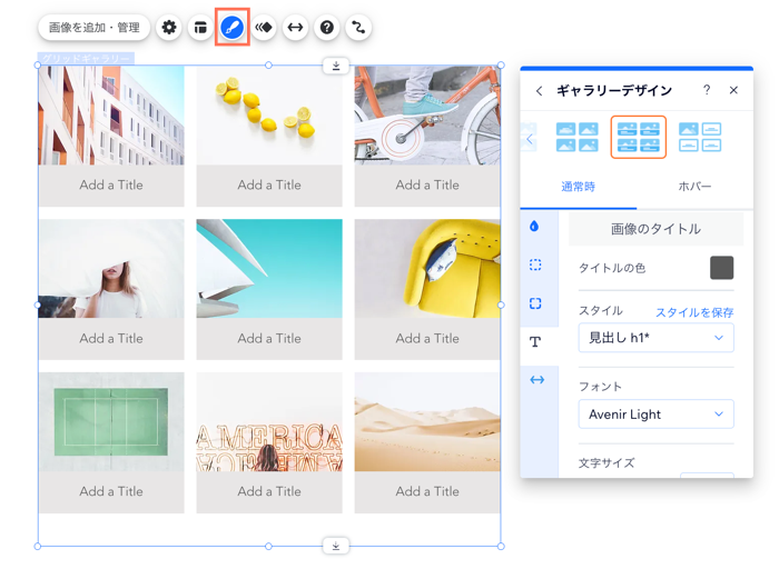 グリッドギャラリーの設定パネル。「ボタンのテキスト」下の、テキスト入力欄にマウスオーバーしています。