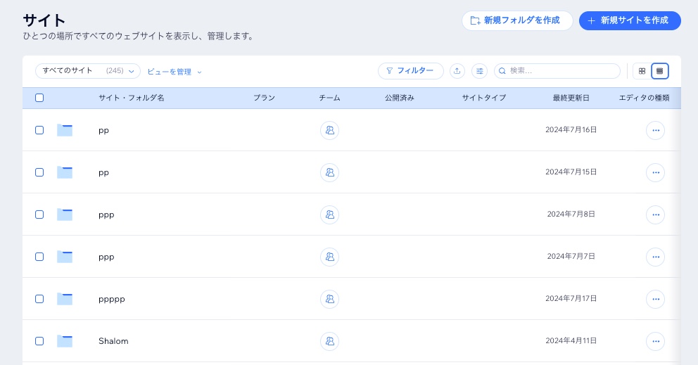 エンタープライズアカウント内のすべてのサイトのスクリーンショット。