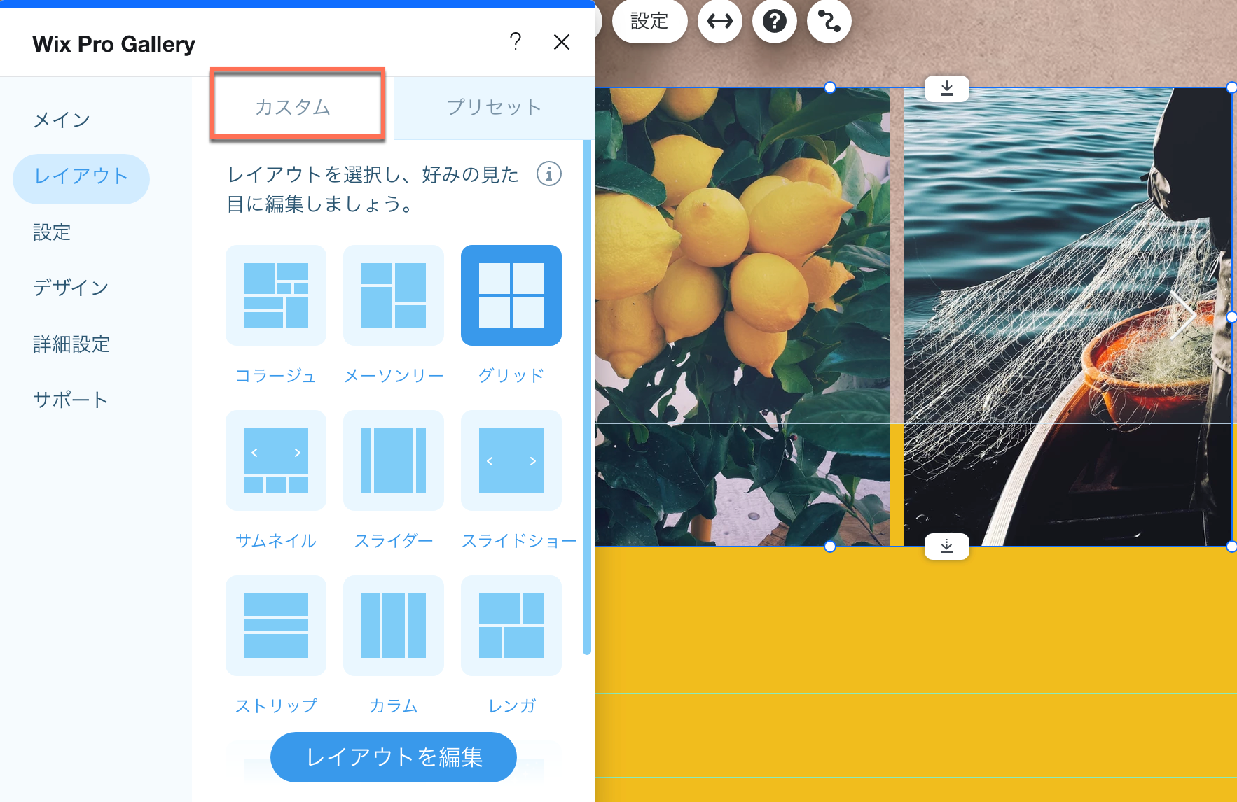 「カスタム」タブがハイライトされたプロギャラリーレイアウトパネルのスクリーンショット。