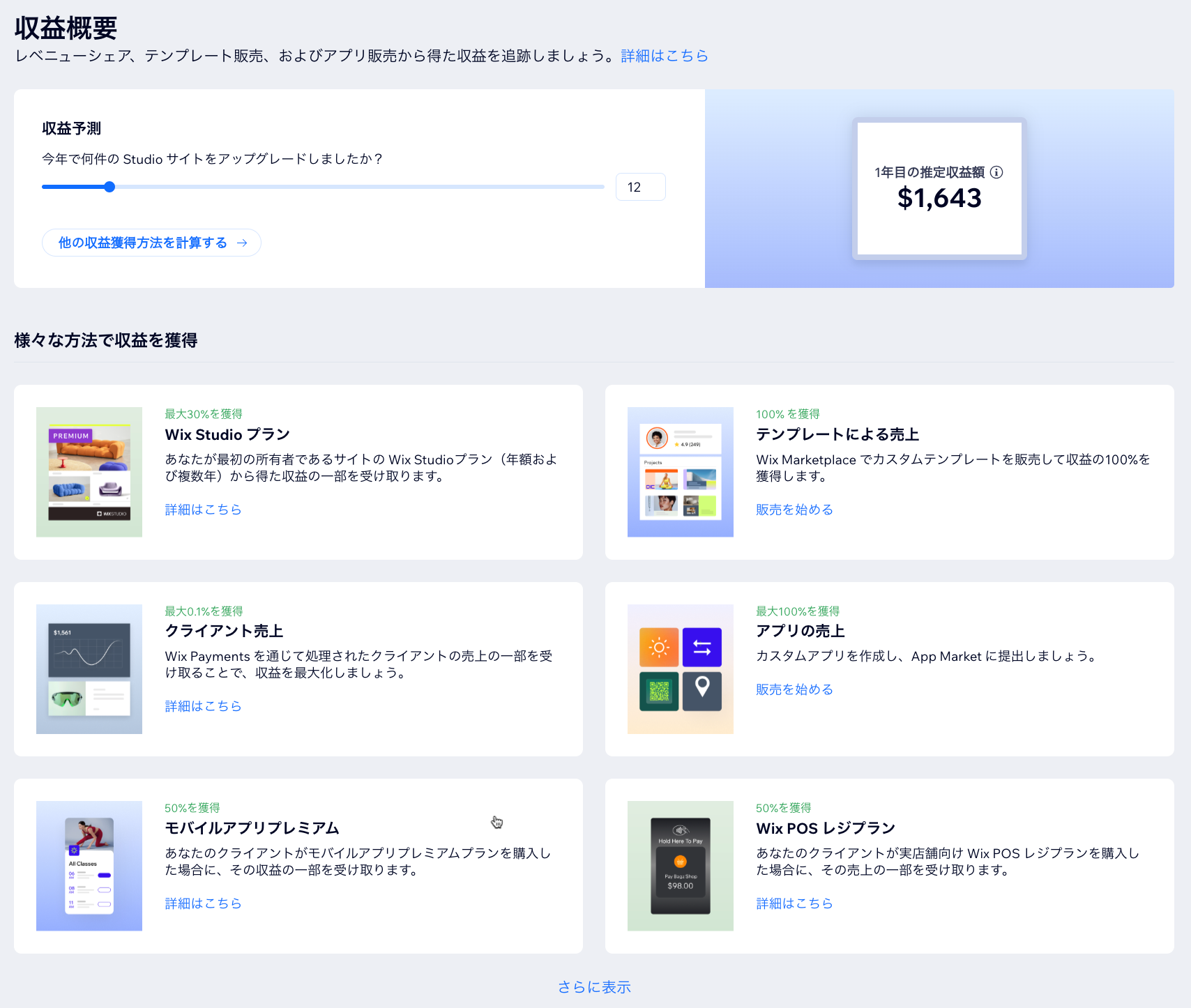 「収益概要」ページで、収益を得ることができるさまざまな収入源が表示されているスクリーンショット。