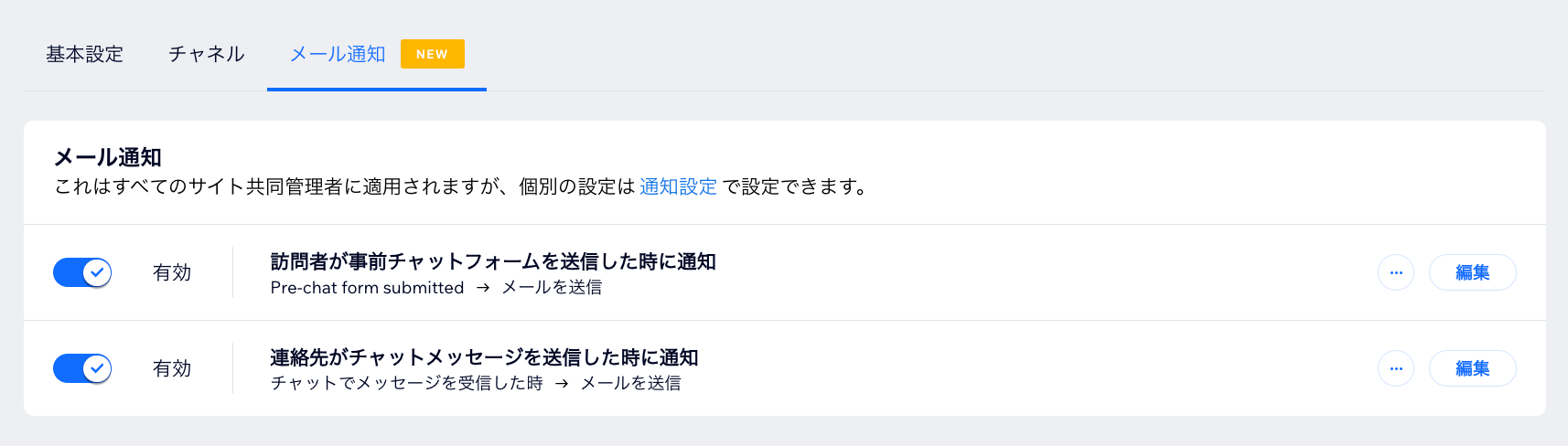 両方のトグルが有効になっている「チャット設定」の「メール通知」タブのスクリーンショット。