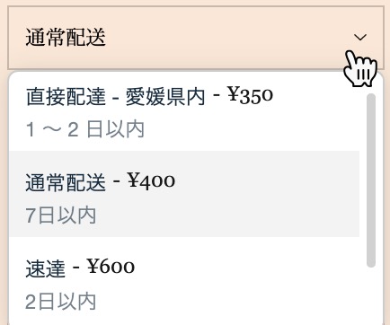 Wix サイトの購入手続き画面で配送方法を選択する様子を示したスクリーンショット