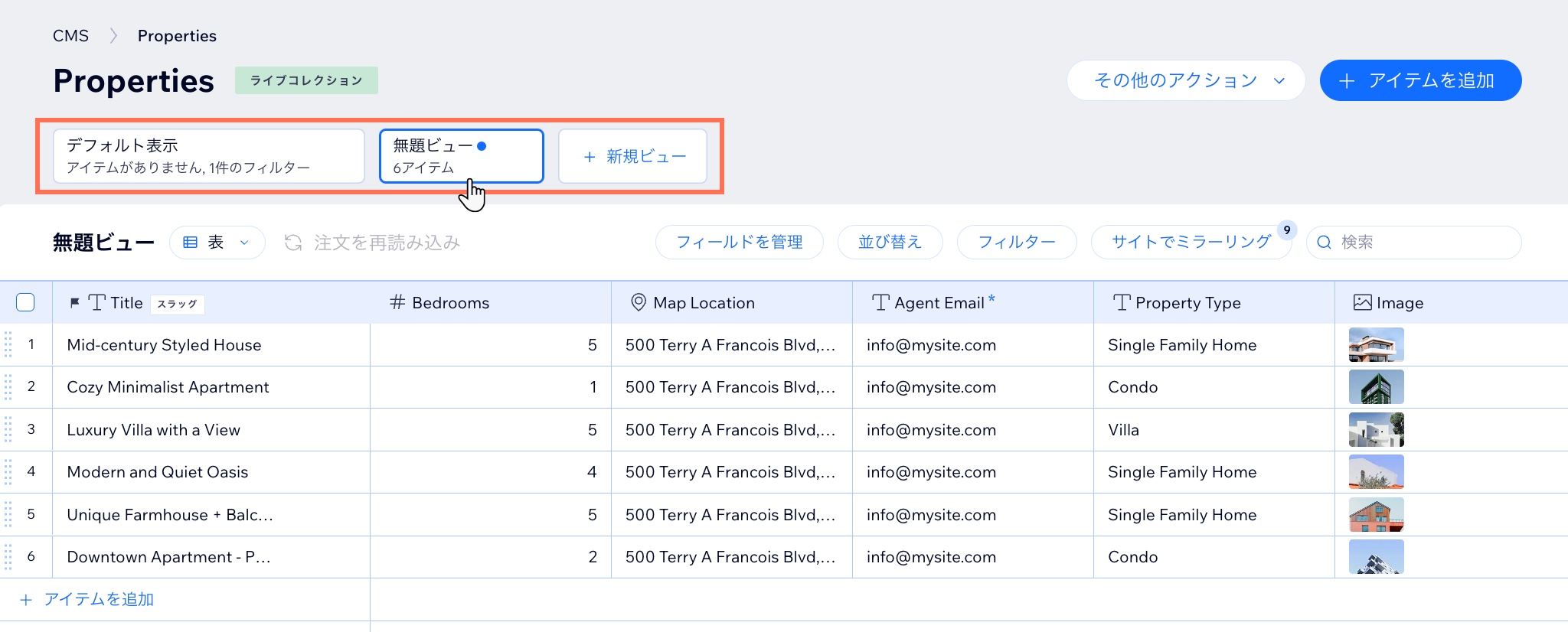 カスタムのコレクションビューを選択する様子を示したスクリーンショット。