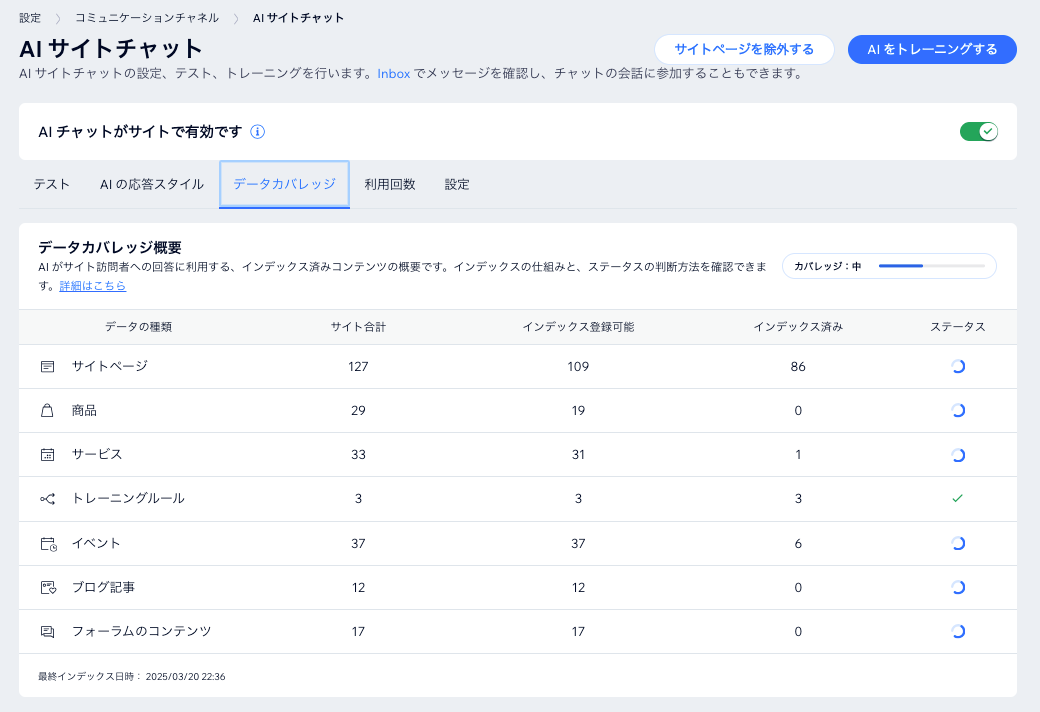 AI サイトチャットの「データカバレッジ」タブのスクリーンショット。