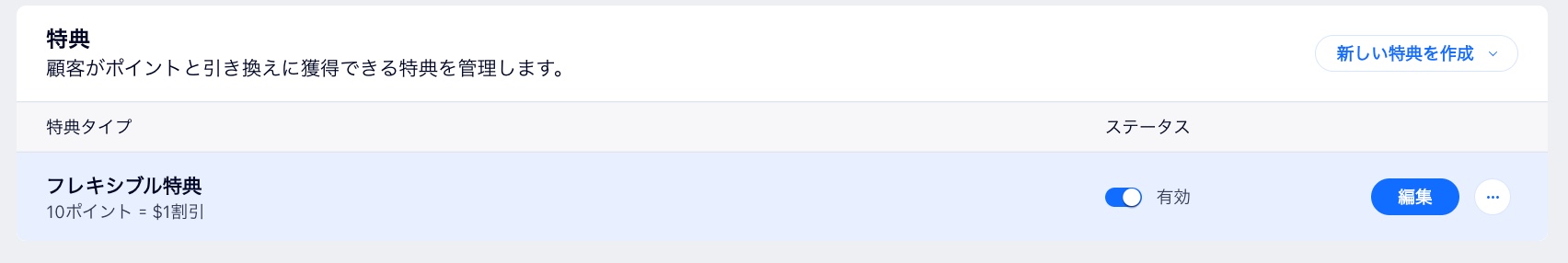 特典プログラムダッシュボードの「特典」セクションのスクリーンショット。