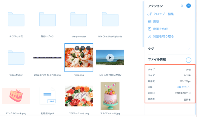 メディアマネージャーの拡大表示。画像が選択され、ファイル情報がハイライトされています。