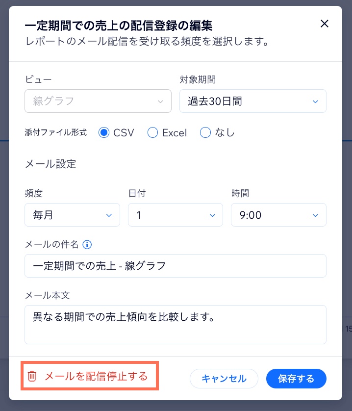 サイトダッシュボードに表示されたレポートの「配信停止」オプションのスクリーンショット。