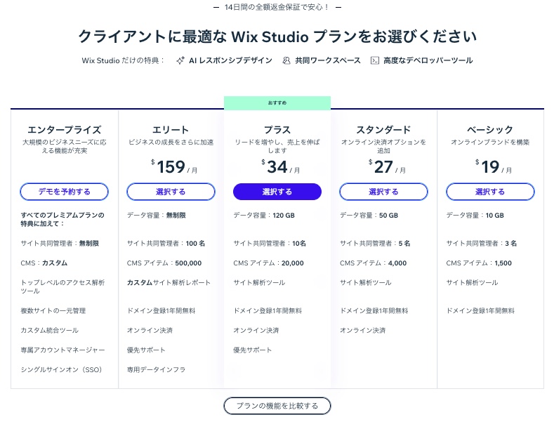 Wix Studio プレミアムプランのオプションのスクリーンショット。