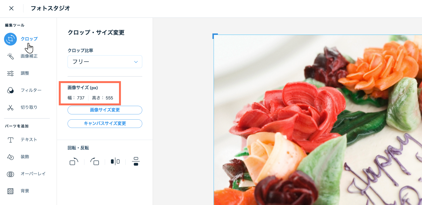 Wix フォトスタジオで画像のサイズが表示されているスクリーンショット。