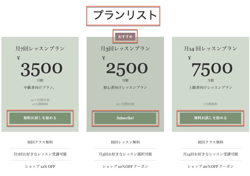 テキストが編集されたライブサイトの販売プランページを示すスクリーンショット。