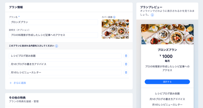 プラン情報とプランに含まれる内容が表示されたスクリーンショット。