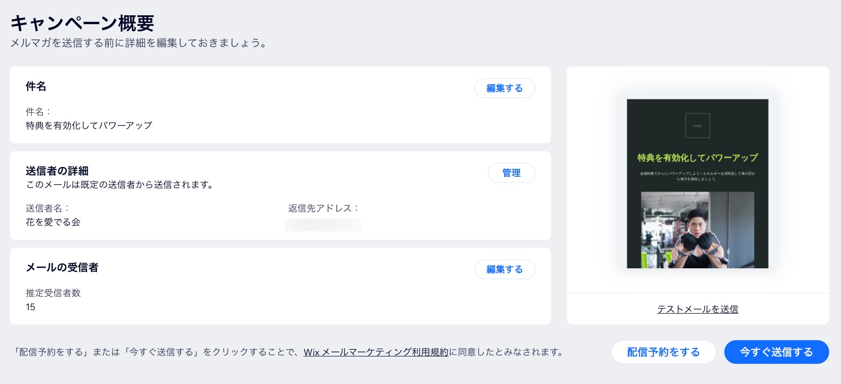 メールキャンペーンを送信する前に入力する項目のスクリーンショット。
