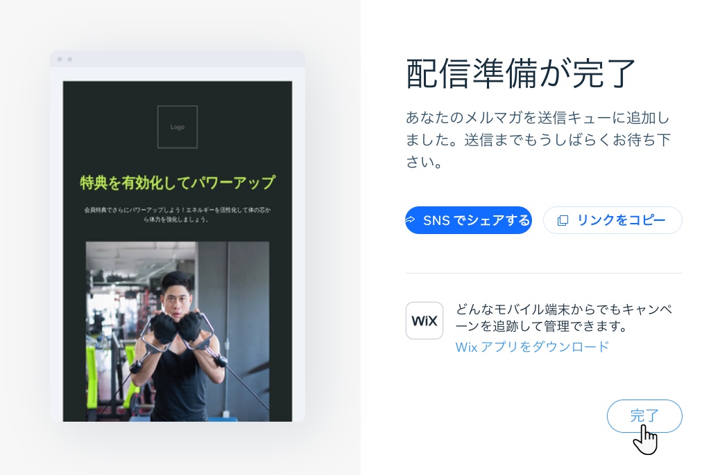 キャンペーン送信後の最後のページのスクリーンショット。